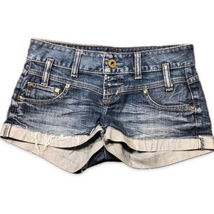 Guess Blue Jean Shorts with Cuffed Hems and Distressed Details